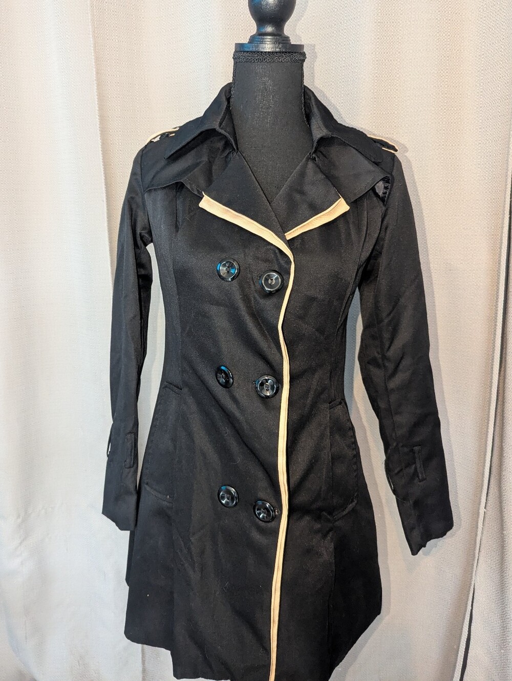 Black Trench Coat with Cream Piping - Women's Double-Breasted Jacket